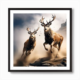 Two Male Deer Jump At The Top Of The Mountain Causing Dust And Hair And Sweat Are Scattered From T (1) Art Print