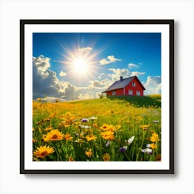 Firefly House, Sun, Cloud, Flower, Meadow, Nature, Landscape, Serene, Bright, Cheerful, Picturesque, (1) Art Print