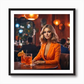 Blond Woman In Orange Dress At Bar Art Print