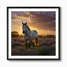 Horse In Lavender Field At Sunset 7 Art Print