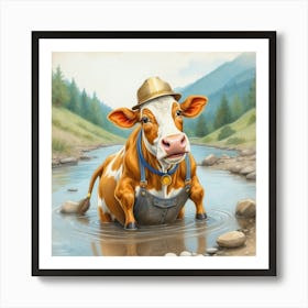 Cow In The Stream Art Print