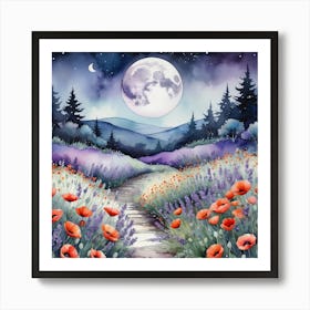 Moonlight Over Blooming Poppies and Lavender, Watercolor Painting Art Print