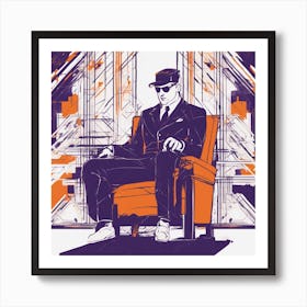 Drew Illustration Of Man On Chair In Bright Colors, Vector Ilustracije, In The Style Of Dark Navy An (1) Art Print