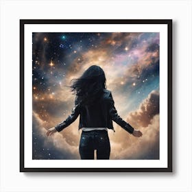 Create A Cinematic Scene Where A Mysterious Woman In A Black Leather Jacket Floats Gracefully Through The Cosmos, Surrounded By Swirling Clouds Of Stars And Galaxies Art Print