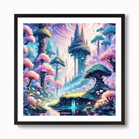 A Fantasy Forest With Twinkling Stars In Pastel Tone Square Composition 105 Art Print