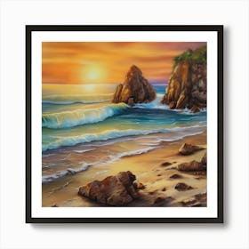 Artwork, oil colors, sea and sunset, seashore, beach rocks.San Francisco, USA.13 Art Print