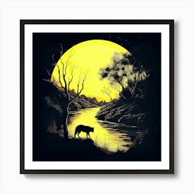 Moon River Wolf Night Forest Trees Symbolism Landscape Art Print
