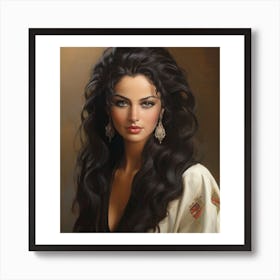 Oil painting 2. Portrait of a woman 3. Long hair 4. White blouse 5. Gold and black patterned kimono 6. Large, expressive eyes 7. Dangling earrings 8. Realistic artwork 9. Beauty and grace 10. Painting of a woman. Art Print