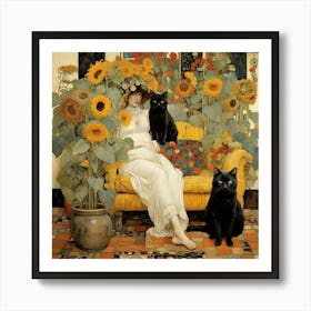 Two Black Cats And Sunflowers Art Print