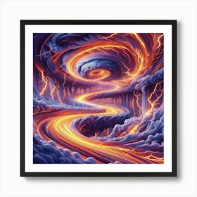 3 Dimensional Rivers With Multiple Orange Lightning And Purple Swirls In A Vortex Of Storm Clouds Art Print