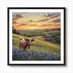 Longhorns At Sunset Art Print