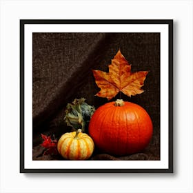 Autumnal Still Life Digital Painting Featuring Maple Leaf And Squash Placed Against Fabric Simulatin (5) Art Print