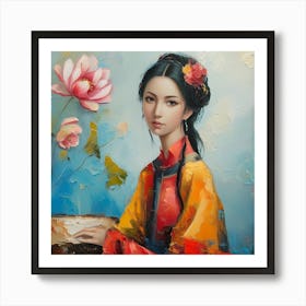 Chinese Girl With Lotus Flower Art Print