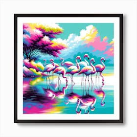 Flamingos By The Lake Art Print