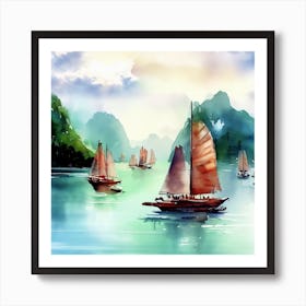 Watercolor Boats In The Water, Hạ Long Bay 2 Art Print