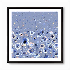 Ink Soft Flowers Blue Degrade Square Art Print