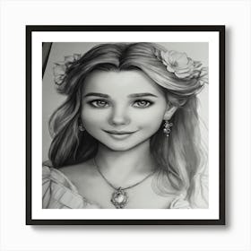 Drawing Of A Girl With Flowers 1 Art Print