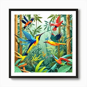 Rainforest Birds In Flight Cubism Style Art Print