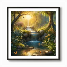 Waterfall In The Forest With Butterflies at Sunset Art Print