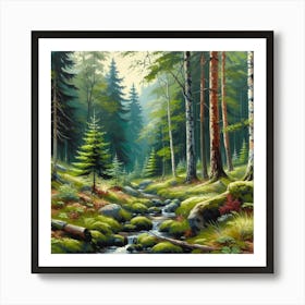 Forest Stream, Acrylic Painting Style Art Print