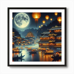 Enchanting Night Scene: Full Moon, Traditional Chinese Boats, and Illuminated Village in Moonlight with Flying Lanterns - Chinese Art Serenity. Art Print