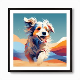 Dog Running In The Desert, colorful dog illustration, dog portrait, animal illustration, digital art, pet art, dog artwork, dog drawing, dog painting, dog wallpaper, dog background, dog lover gift, dog décor, dog poster, dog print, pet, dog, vector art, dog art, happy dog in sand Art Print