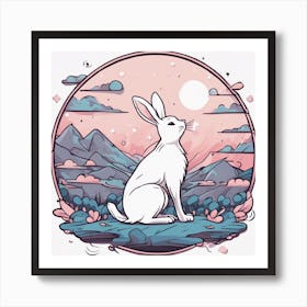 Sticker Art Design, Bunny Howling To A Full Moon, Kawaii Illustration, White Background, Flat Colors Art Print