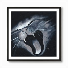 Cat On Black - hand painted artwork print square black and white animal feline dark Art Print