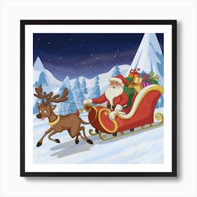 Santa Claus And Reindeer Art Print