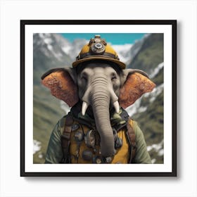 Close Up Portrait, Anthropomorphic Elephant Mountaneer Wearing An Expedition Outfit, In The Himalaya Art Print