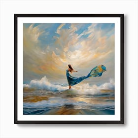 Water Element - Women Empowerment Piece Conjuring Summoning At One With Nature - Blue Sky and Sea Yoga Meditation Witchy Pagan Art Print Fairytale Goddess Wiccan Woman Art Print