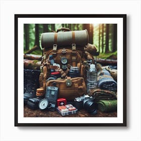 Backpack In The Woods Art Print