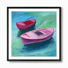 Two Boats - Anton Maliar painting square impressionism teal pink red sea boat living room bedroom Art Print