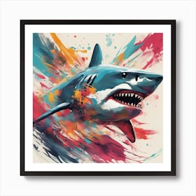 An Abstract Representation Of A Roaring Shark, Formed With Bold Brush Strokes And Vibrant Colors Art Print