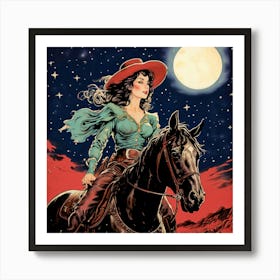 Retro Vintage Pinup Cowgirl On A Horse Riding Through the Starlite Sky Night Desert on a Full Moon Art Print