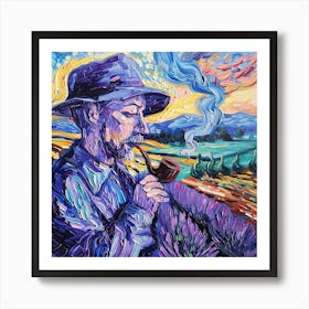 Van Gogh Style: Pipe Smoker in Lavender Field Art Print