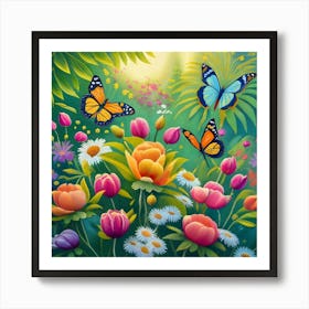 into the garden : Colorful Flowers And Butterflies Art Print