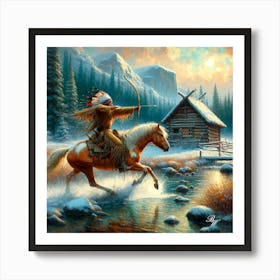 Native American Indian Shooting A Bow Crossing Stream 2 Copy Art Print