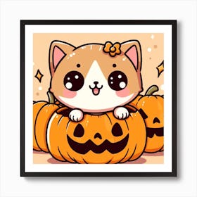 Cute Halloween Cat in a Pumpkin Kawaii Cartoon Anime Styled Art Print