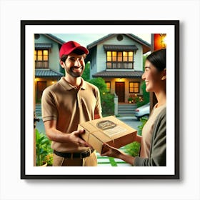 Friendly Food Delivery Wall Art: A Heartwarming Scene of Doorstep Service for Home and Business Decor Print Art Art Print