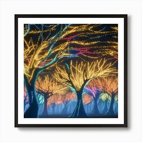 A captivating scene of trees that appear to be alive, with twinkling lights and vibrant 4 Art Print