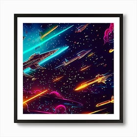 Night Sky Neon Spaceship Drawing Art Print