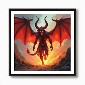 Demon In A Fiery, Colorful Watercolor Abyss 1 Art Print