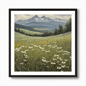 Vintage Oil Painting of Wild Flowers in a Meadow, Mountains in the Background 21 Art Print