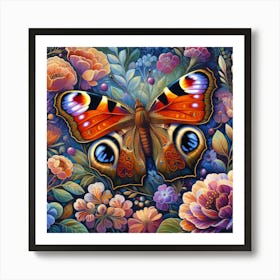 Colourful Butterfly Painting with Flowers I Art Print