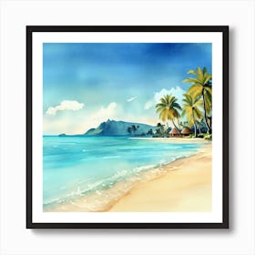 Watercolor Tropical Beach With Palm Trees, Bora Bora 2 Art Print