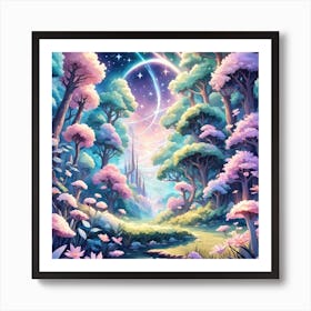 A Fantasy Forest With Twinkling Stars In Pastel Tone Square Composition 16 Póster