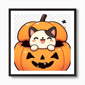 Kawaii Halloween Cat in Pumpkin Cute Cartoon Anime Kitty Art Print