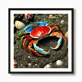 Crab Crustacean Marine Shellfish Ocean Beach Claw Legs Pincers Red Blue Green Brown Whi (1) Art Print