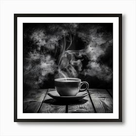 Coffee Cup On Wooden Table With Smoke 1 Art Print